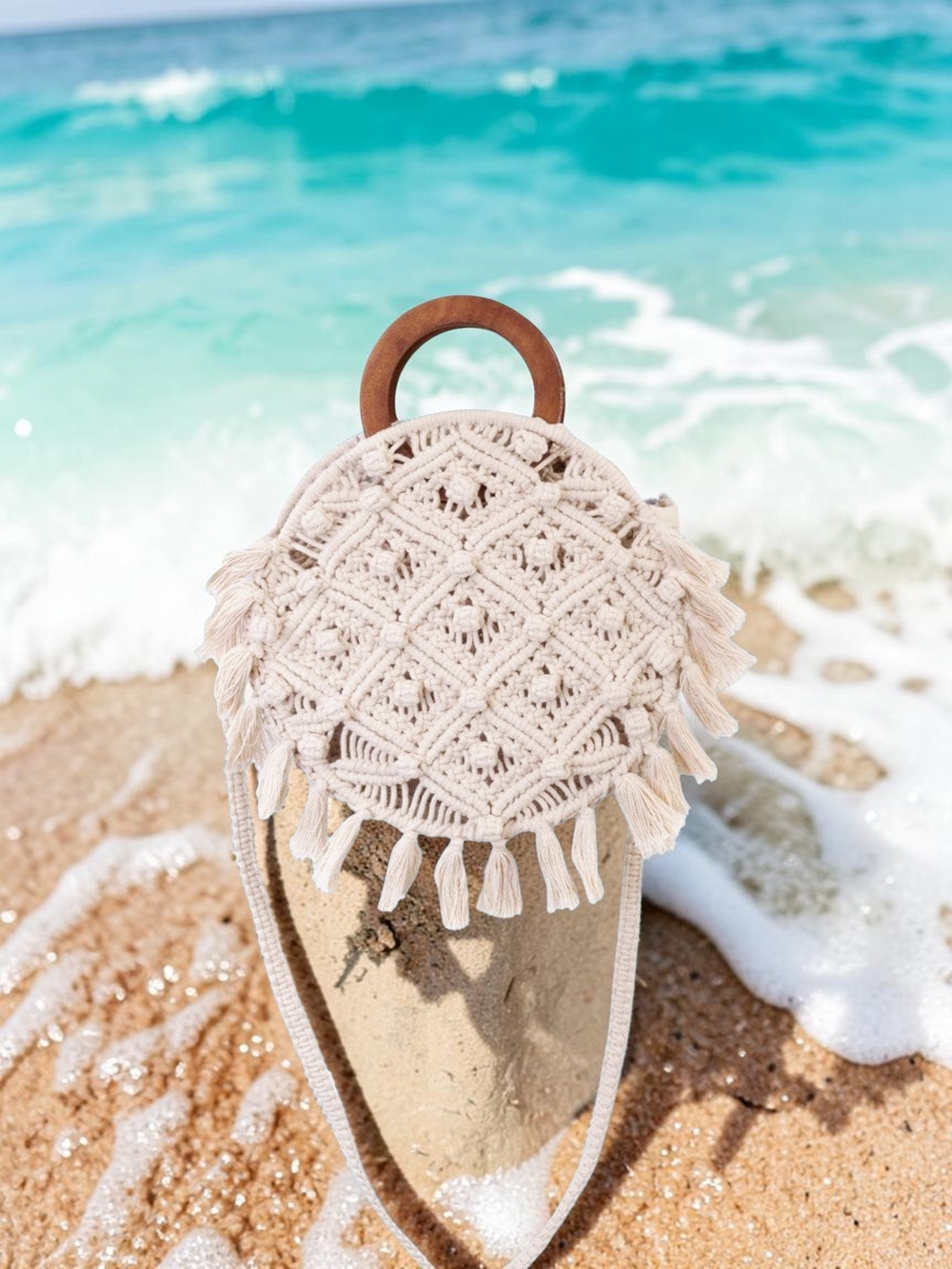 NEW Magid Bohemian Macrame Circle Bag with Wooden Handles & Shoulder Strap NWT - Picture 2 of 7